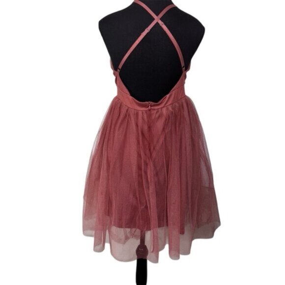 HAUTE MONDE PLUNGING-V CRISSCROSS OPEN BACK TULLE DRESS L DEEP ROSE FAIRYCORE - Picture 2 of 11